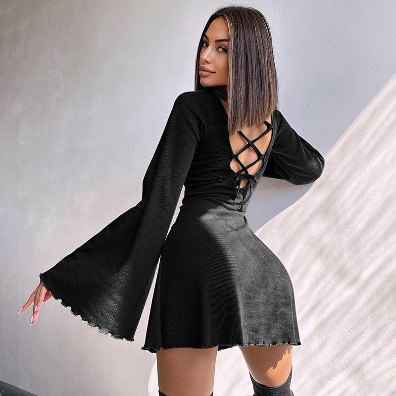 Black Flared Sleeves A-line Mini Dress
