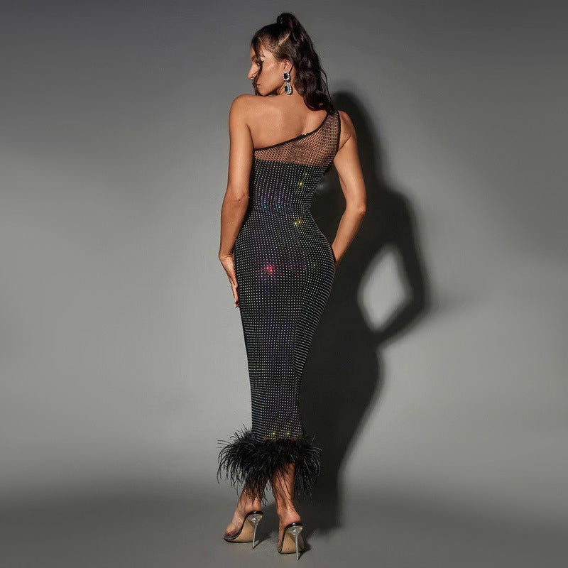 Black Embellished One Shoulder Party Midi Dress
