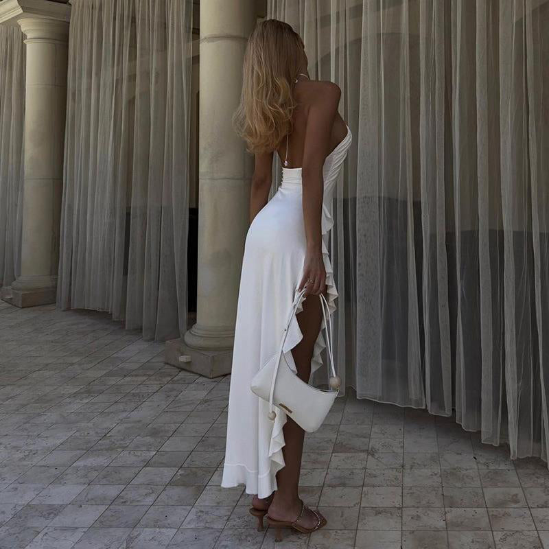 Beige Shoulder Strap Ruffles Sheath Maxi Dress