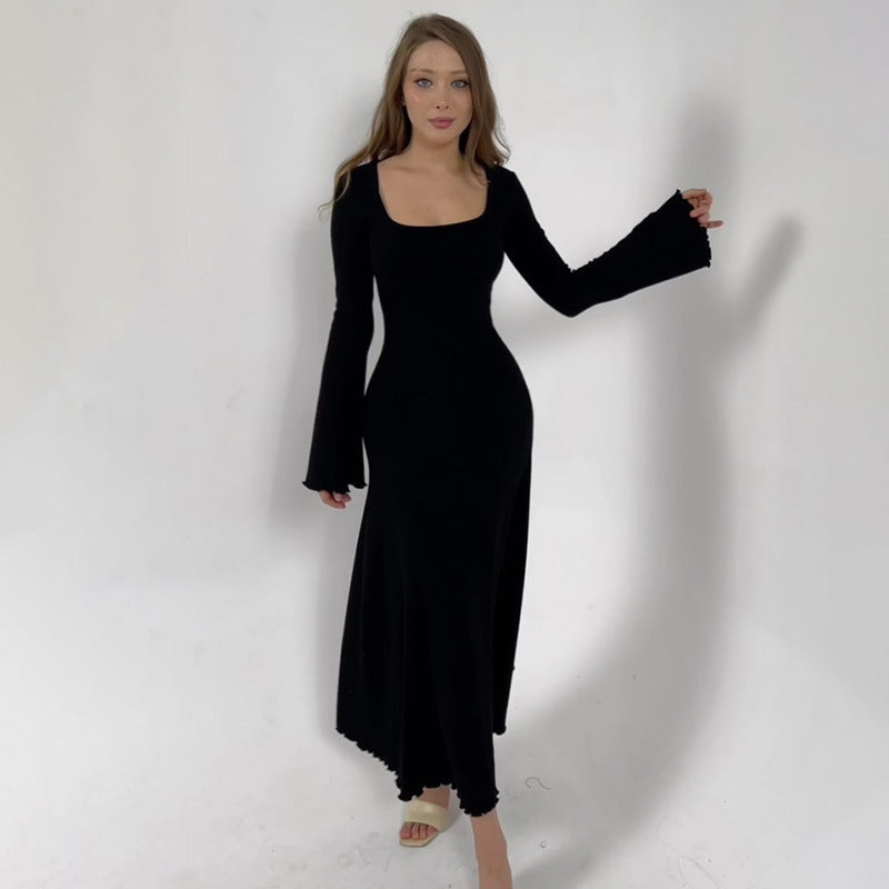 Black Long Bell Sleeves Bodycon Maxi Dress