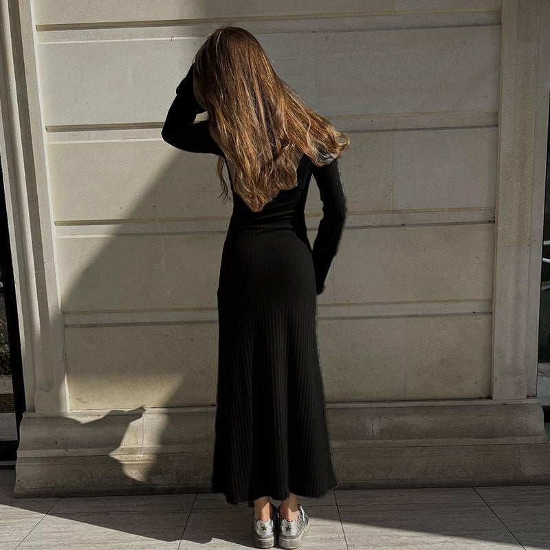 Black Long Bell Sleeves Bodycon Maxi Dress