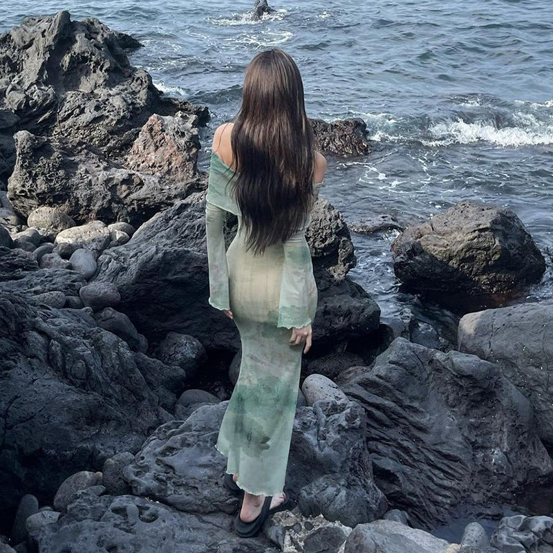 Green Abstract Printed Off-Shoulder Maxi Dress