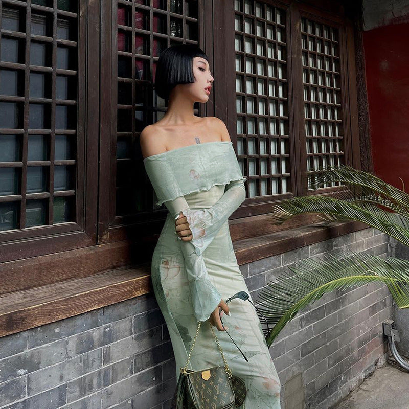 Green Abstract Printed Off-Shoulder Maxi Dress
