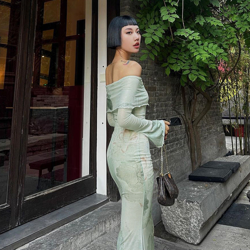 Green Abstract Printed Off-Shoulder Maxi Dress