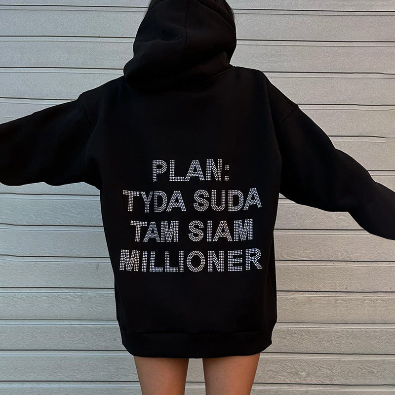 Typography Printed Hooded Long Sleeves Longline Pullover