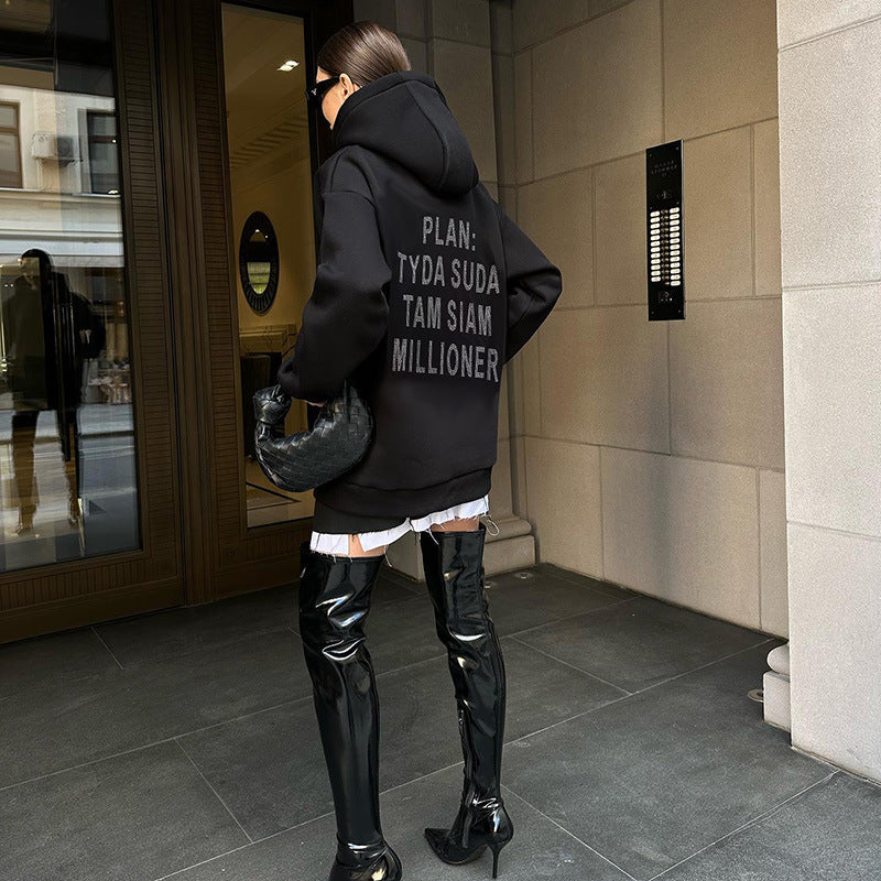 Typography Printed Hooded Long Sleeves Longline Pullover