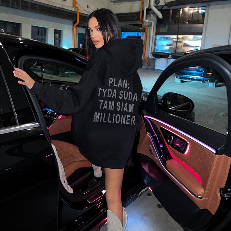 Typography Printed Hooded Long Sleeves Longline Pullover