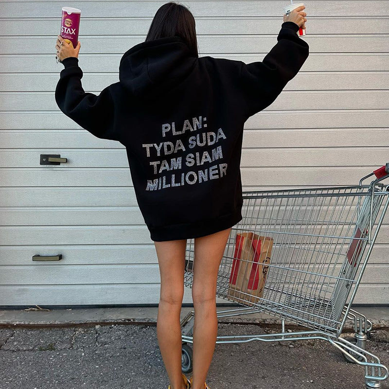 Typography Printed Hooded Long Sleeves Longline Pullover