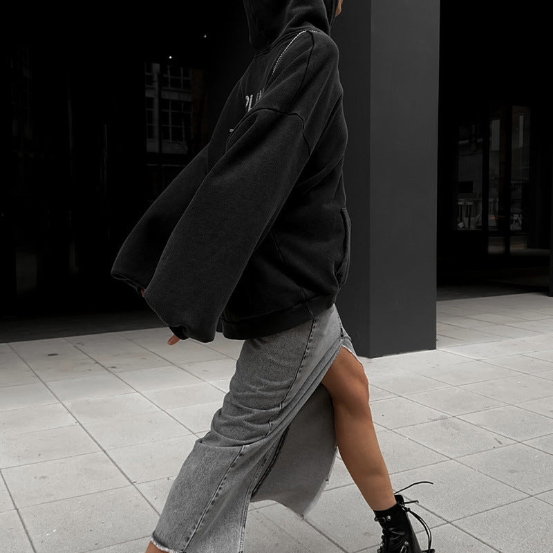 Typography Printed Hooded Long Sleeves Longline Pullover