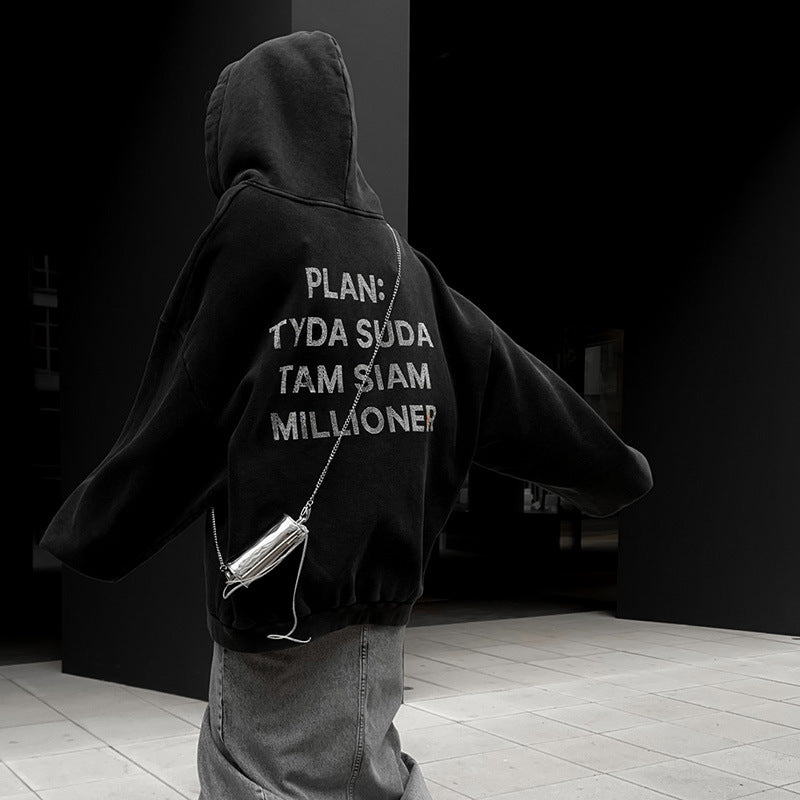 Typography Printed Hooded Long Sleeves Longline Pullover