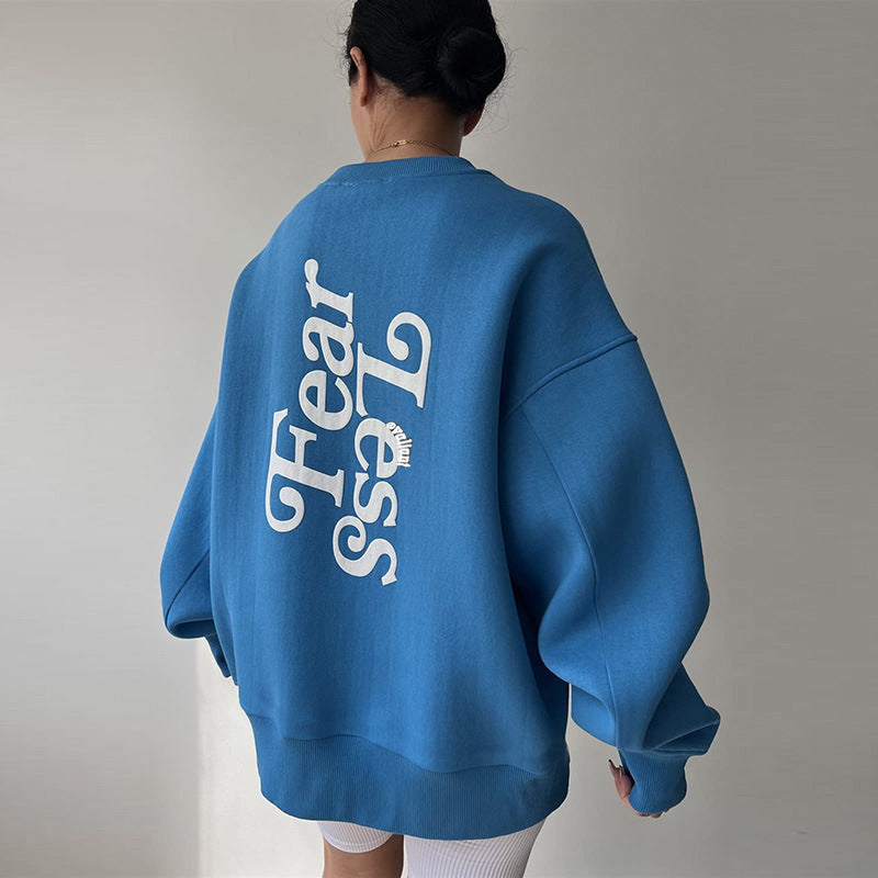 Blue Typography Printed Oversized Pullover