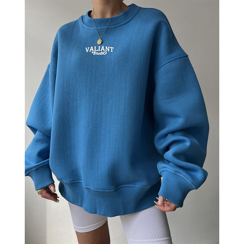 Blue Typography Printed Oversized Pullover