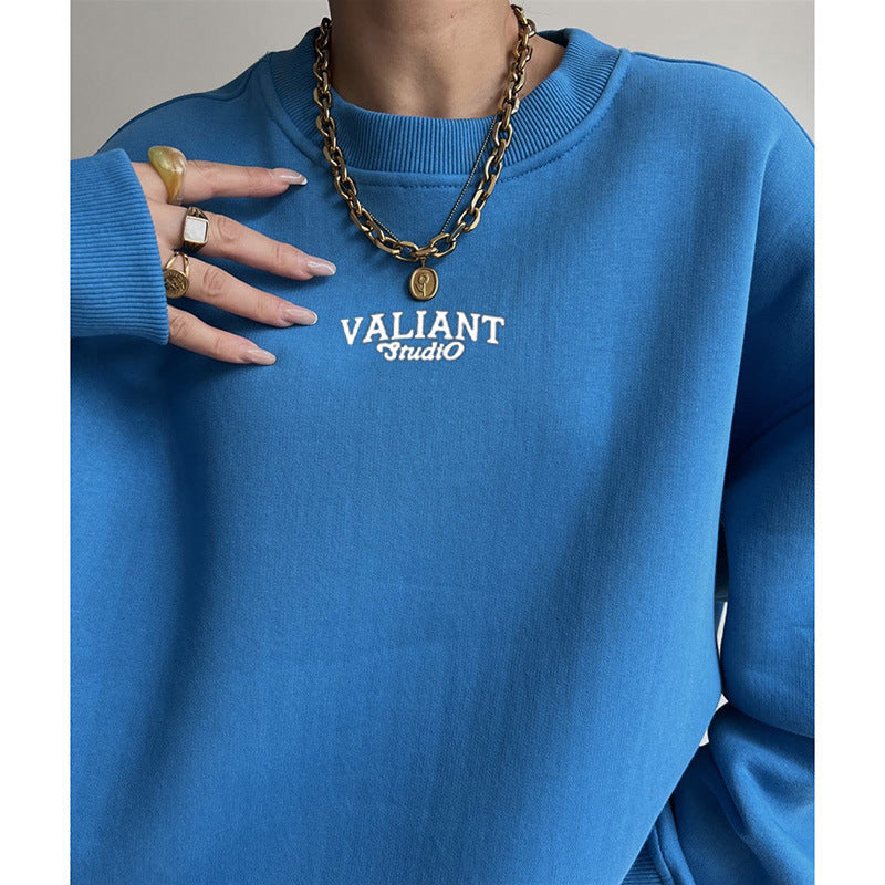 Blue Typography Printed Oversized Pullover
