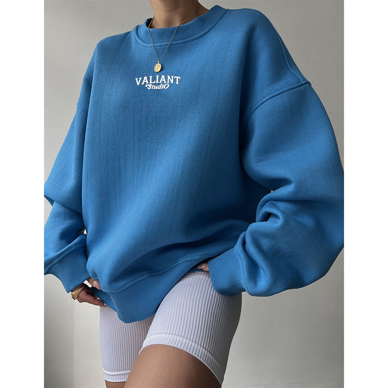 Blue Typography Printed Oversized Pullover