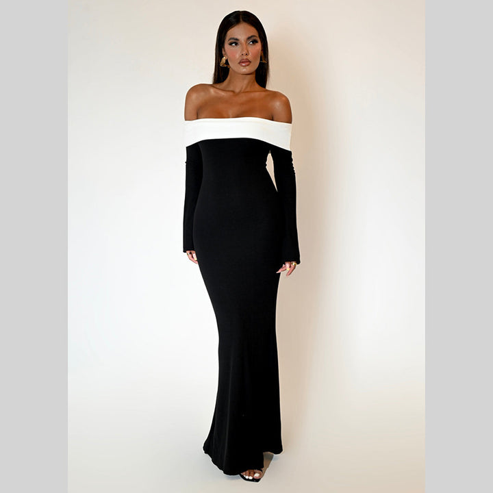Black Colourblocked Off-Shoulder Sheath Maxi Dress