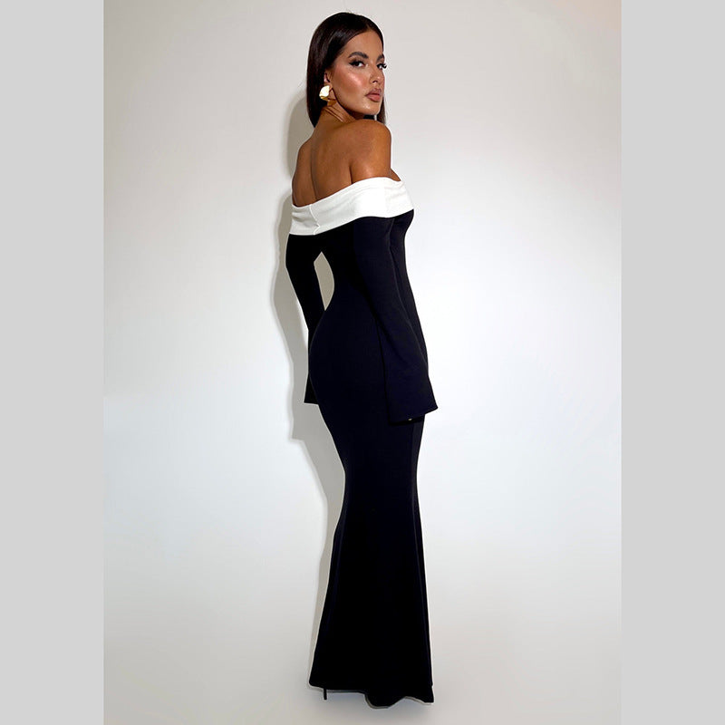 Black Colourblocked Off-Shoulder Sheath Maxi Dress