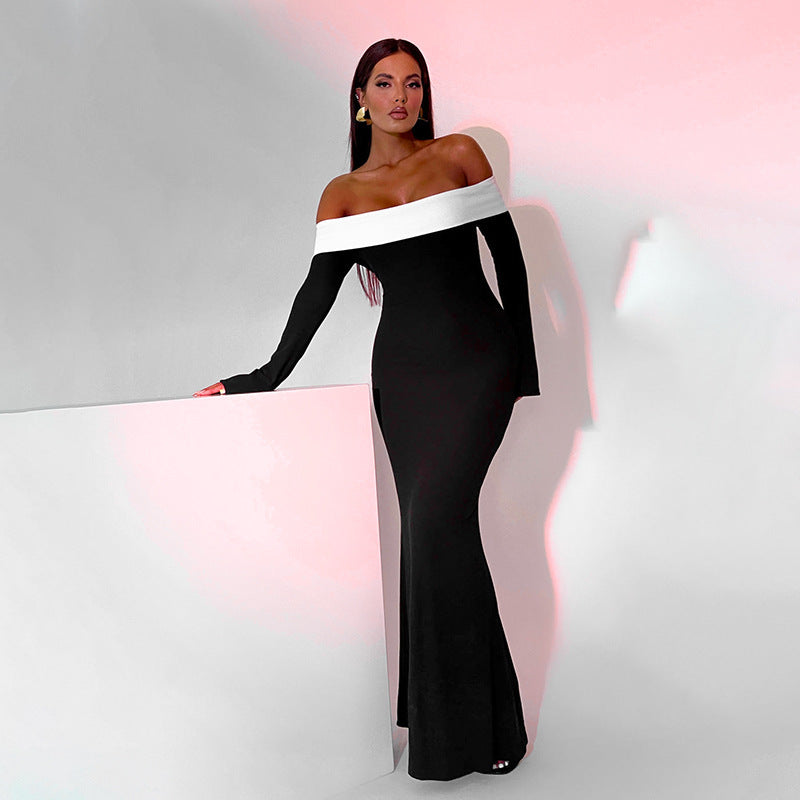 Black Colourblocked Off-Shoulder Sheath Maxi Dress
