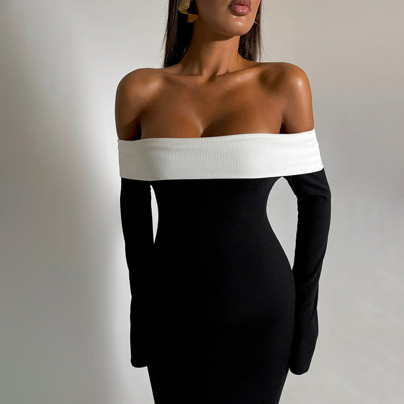Black Colourblocked Off-Shoulder Sheath Maxi Dress