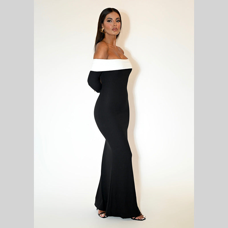 Black Colourblocked Off-Shoulder Sheath Maxi Dress