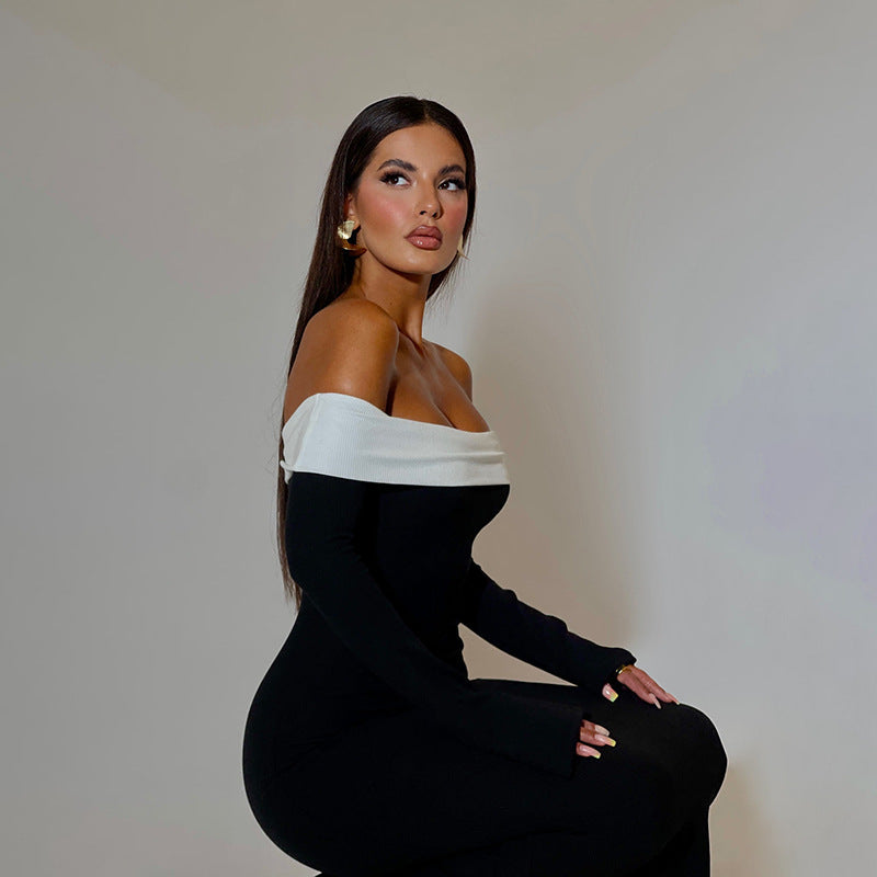 Black Colourblocked Off-Shoulder Sheath Maxi Dress