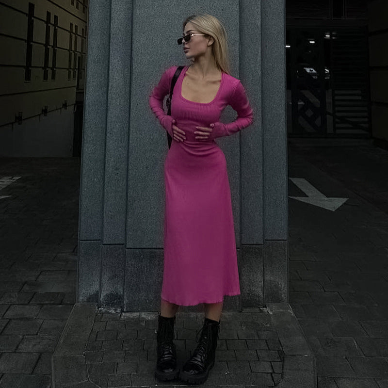 Fuchsia Scoop Neck Sheath Midi Dress