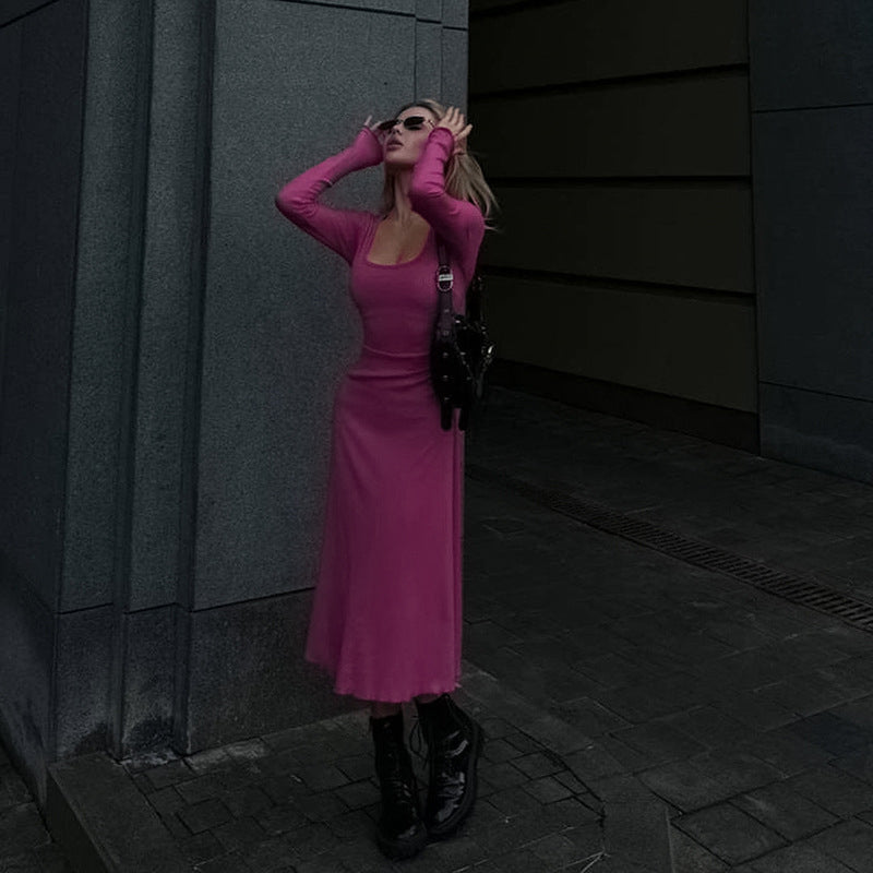 Fuchsia Scoop Neck Sheath Midi Dress
