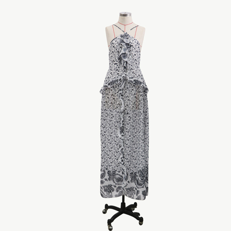 Grey Abstract Printed Ruffled Shoulder Straps Bohemian Maxi Dress