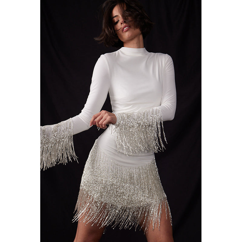 White Fringed Sheath Mini Dress