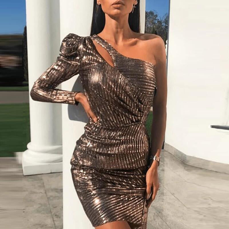 Brown One Shoulder Puff Sleeve Bodycon Mini Dress