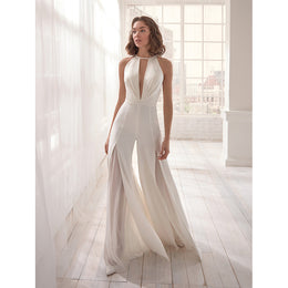 White Halter Neck Basic Jumpsuit With Layered