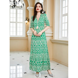 Green Ethnic Motif Printed Puff Sleeves Maxi Dress