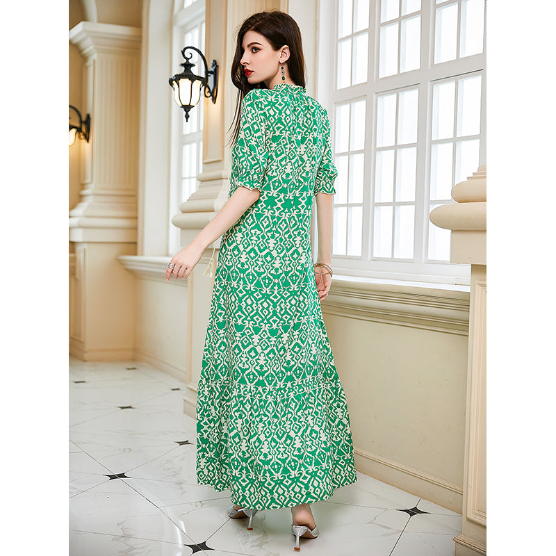 Green Ethnic Motif Printed Puff Sleeves Maxi Dress