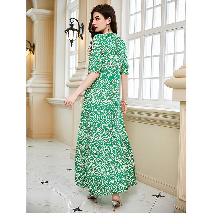 Green Ethnic Motif Printed Puff Sleeves Maxi Dress