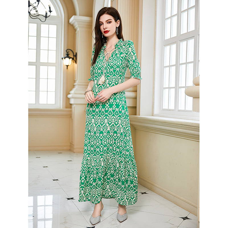 Green Ethnic Motif Printed Puff Sleeves Maxi Dress