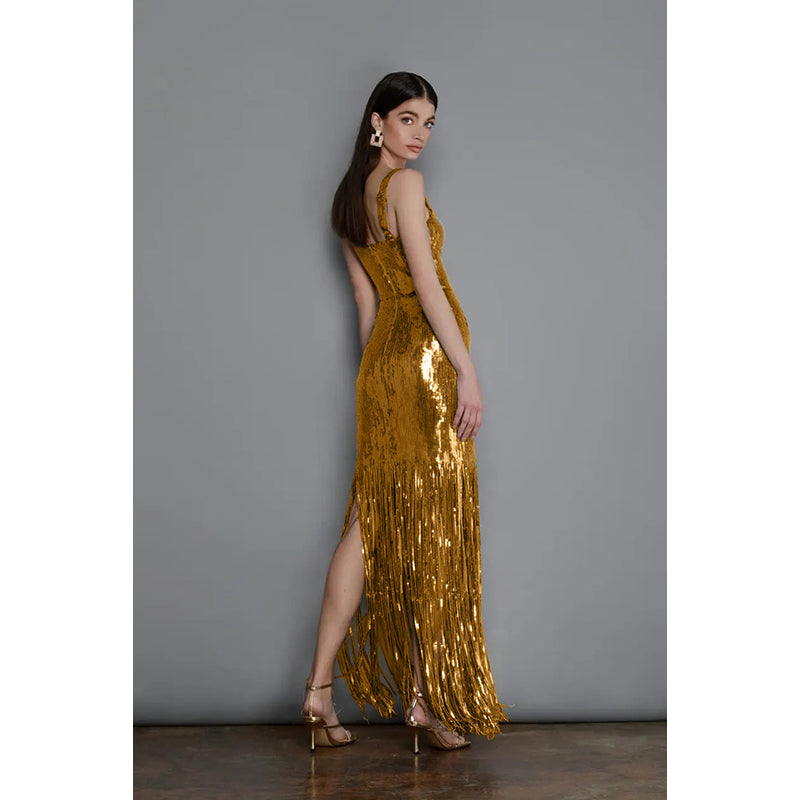 Gold Fringed Maxi Dress