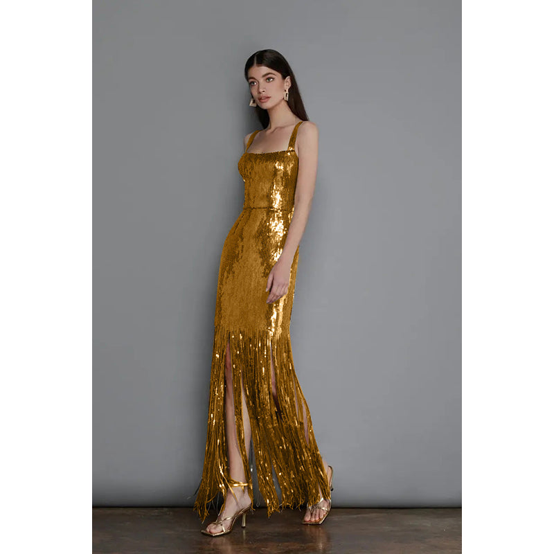 Gold Fringed Maxi Dress
