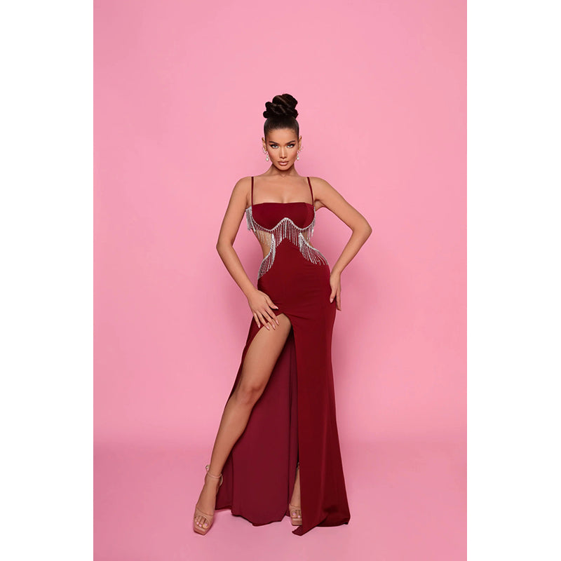 Red Shoulder Straps Sleeveless Fringed Cut-Outs Maxi Dress