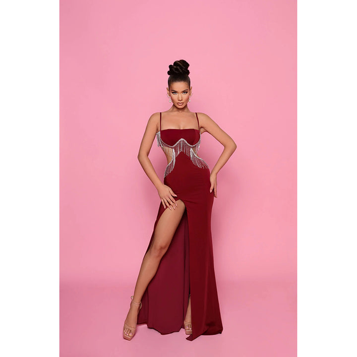 Red Shoulder Straps Sleeveless Fringed Cut-Outs Maxi Dress