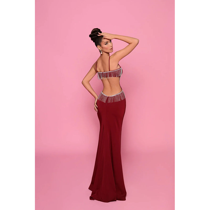 Red Shoulder Straps Sleeveless Fringed Cut-Outs Maxi Dress