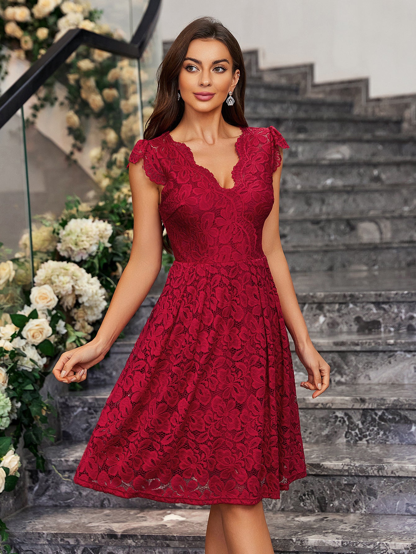 Self Design Crepe Cal Sleeves Fit & Flare Dress