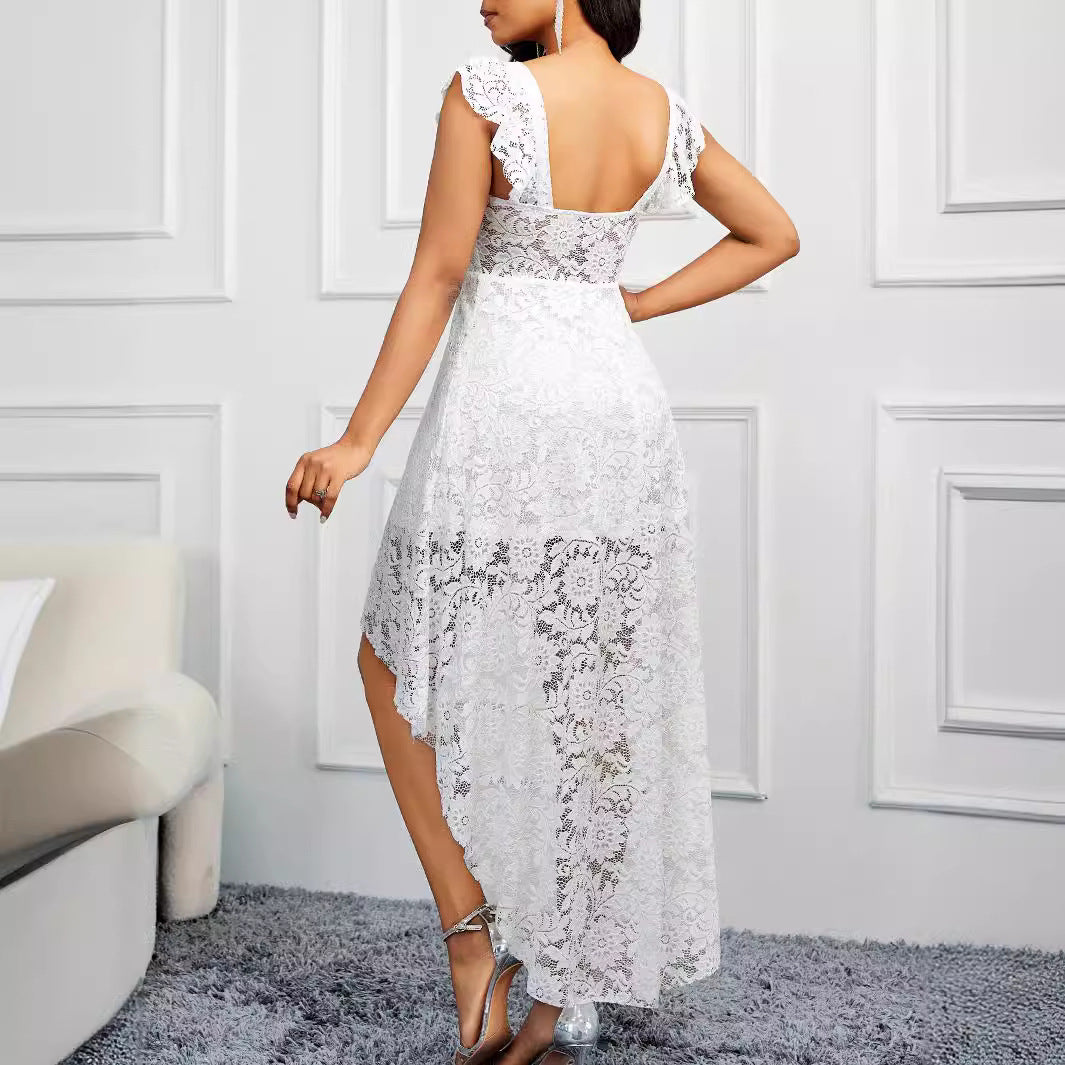 Fit & Flare Flutter Sleeve High-Low Midi Dress