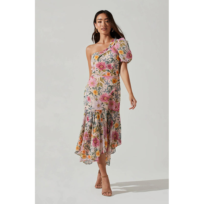 Beige Floral Printed One Shoulder A-Line Midi Dress