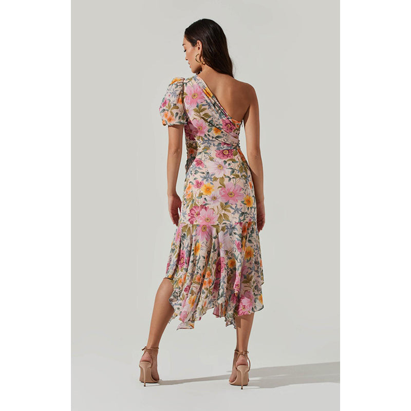 Beige Floral Printed One Shoulder A-Line Midi Dress