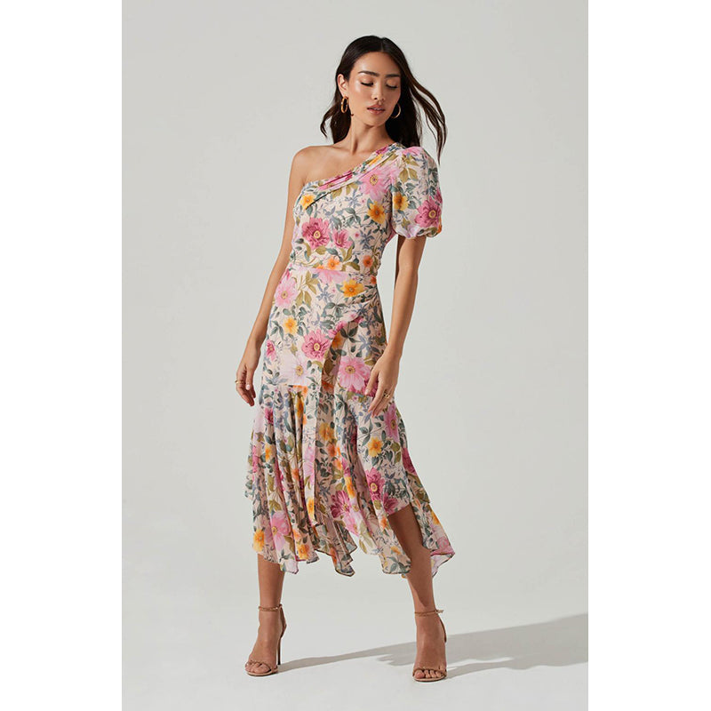 Beige Floral Printed One Shoulder A-Line Midi Dress