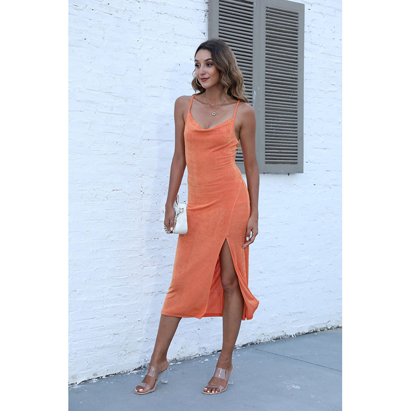 Orange Cowl Neck Bodycon Midi Dress