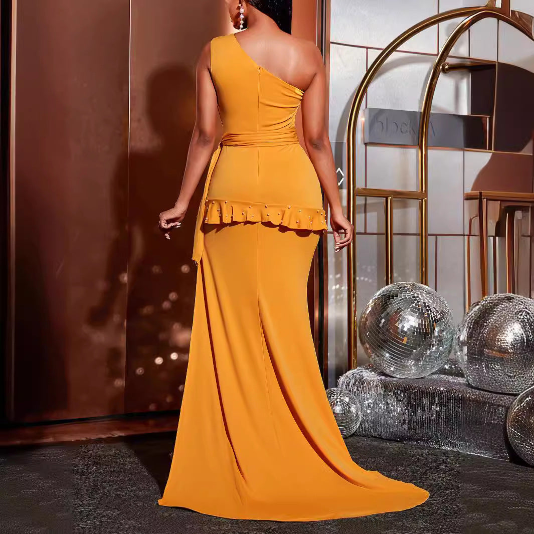 One Shoulder Belted Maxi Dress