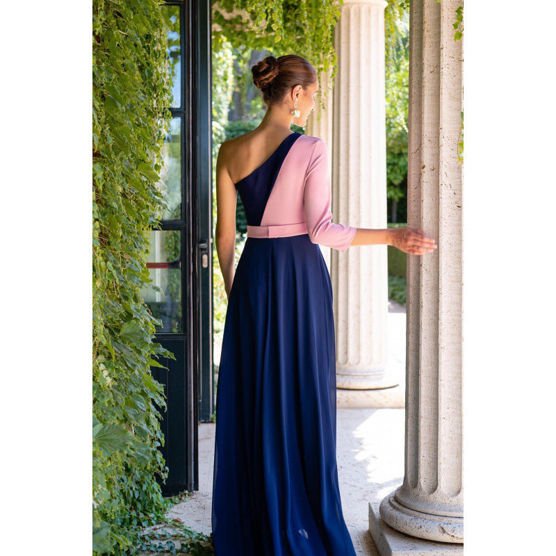 Navy Blue & Pink Off-Shoulder Maxi Dress