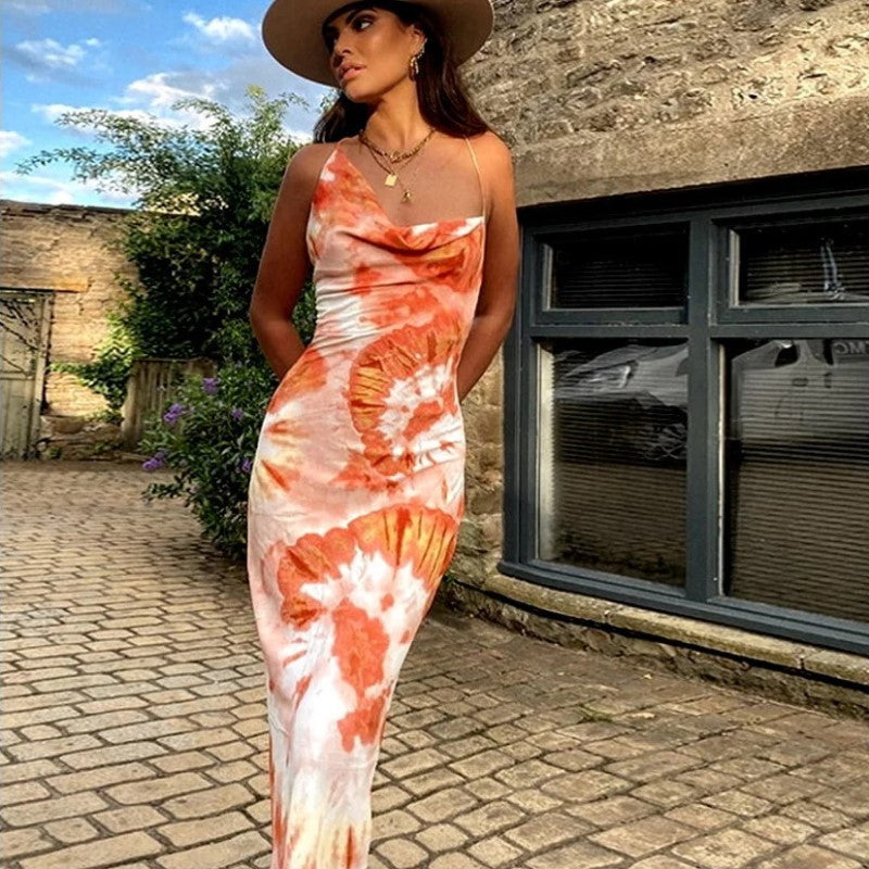 Shoulder Straps Sleeveless Tie and Dye Dyed Maxi Dress