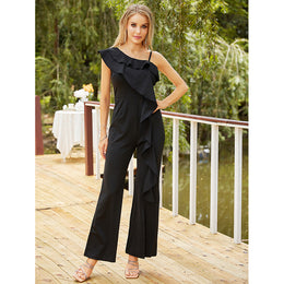 Black One Shoulder Ruffled Basic Jumpsuit