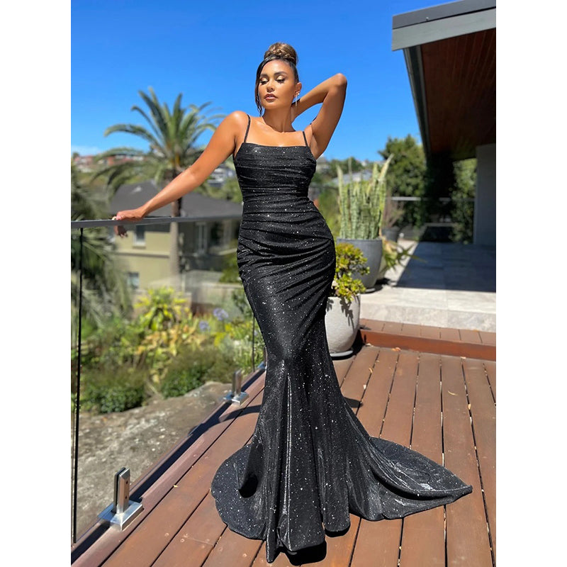 Black Embellished Shoulder Straps Maxi Dress